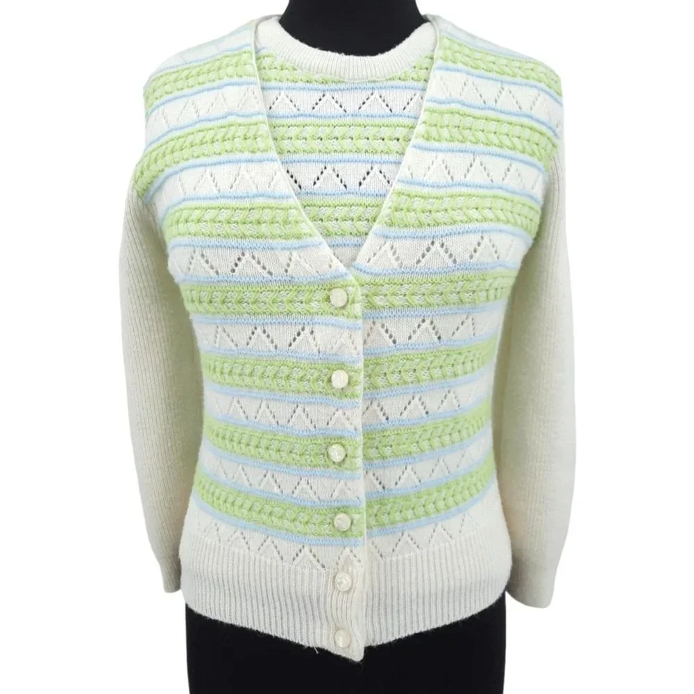 VTG 60s Wintuk Green Blue Stripe Sleeveless Knit Top Cardigan Twin Set Size S - Picture 9 of 9